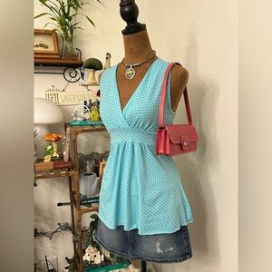Body Central Y2K Babydoll Baby Blue Polkadot V-Neck Tank Top - Size Small